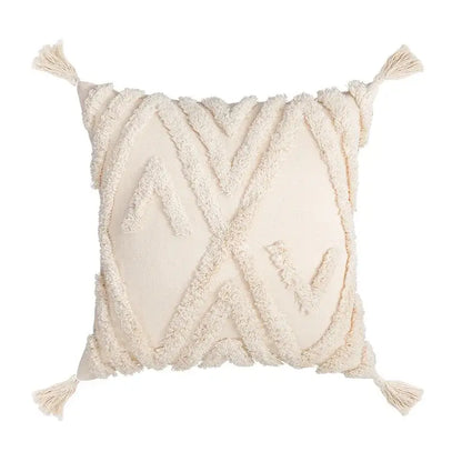Geometric tufted fringed cushion cover cream living room pillow