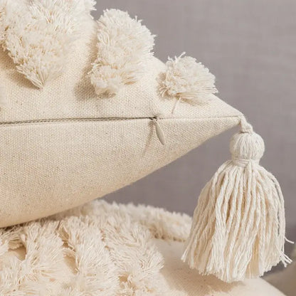 Geometric tufted fringed cushion cover cream living room pillow