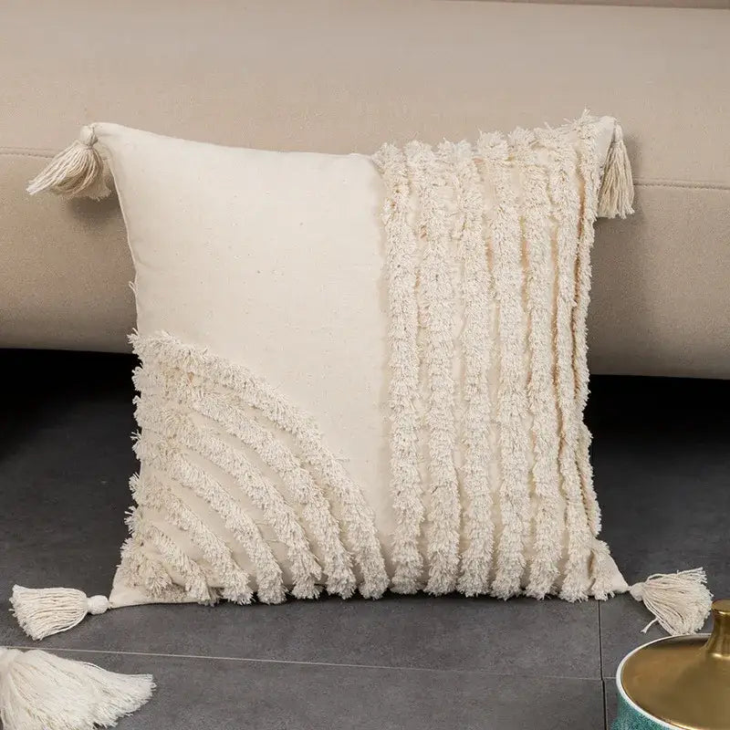 Geometric tufted fringed cushion cover cream living room pillow