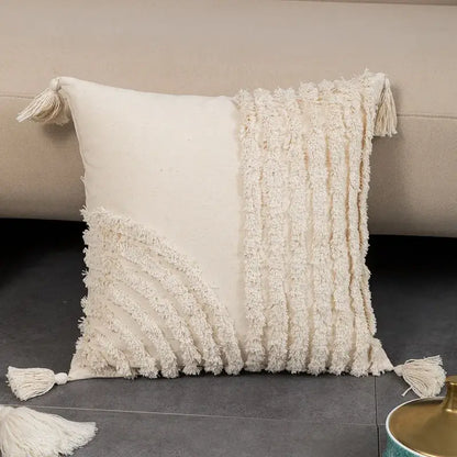 Geometric tufted fringed cushion cover cream living room pillow