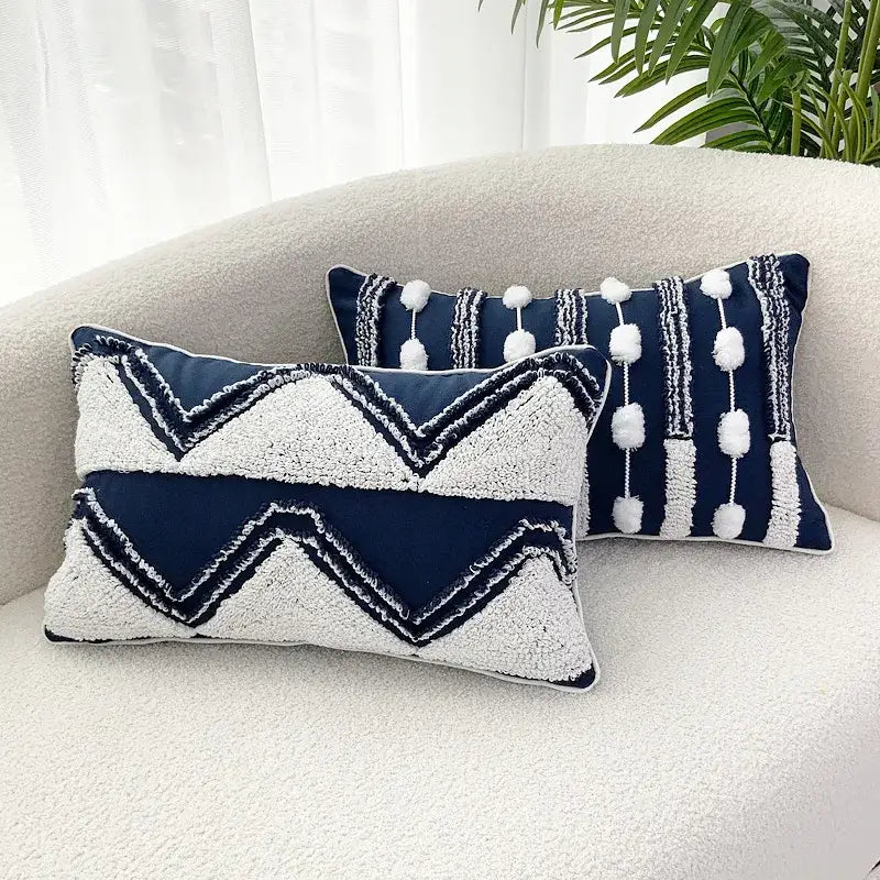 Geometric tufted navy & white cushion cover living room tassel decor