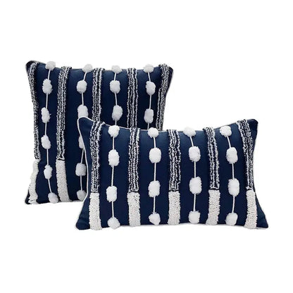 Geometric tufted navy & white cushion cover living room tassel decor