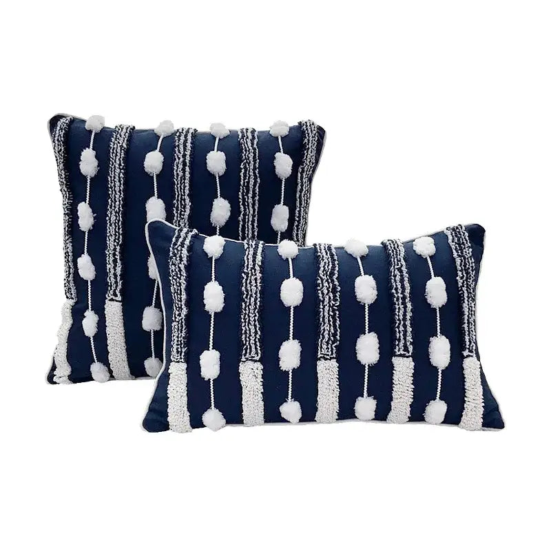 Geometric tufted navy & white cushion cover living room tassel decor