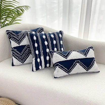 Geometric tufted navy & white cushion cover living room tassel decor