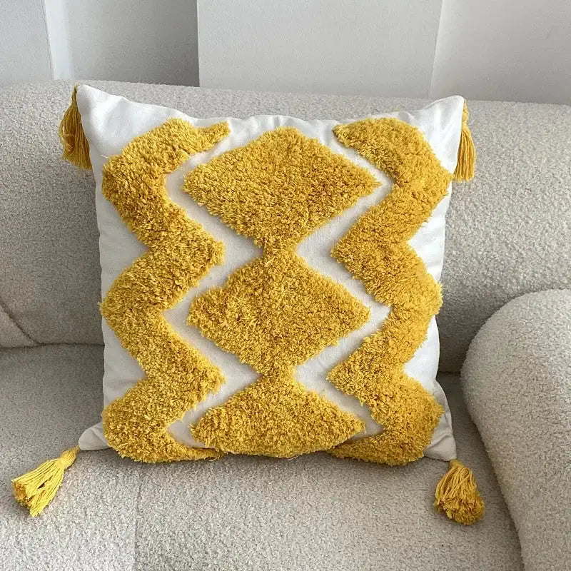 Geometric tufted navy & white cushion cover living room tassel decor