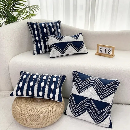 Geometric tufted navy & white cushion cover living room tassel decor