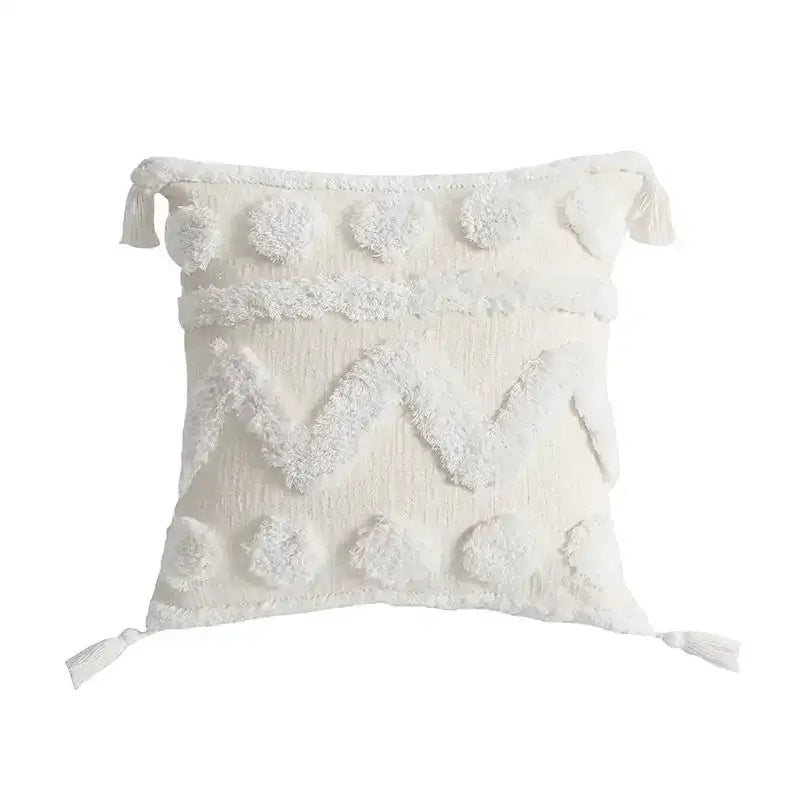 Geometric tufted navy & white cushion cover living room tassel decor