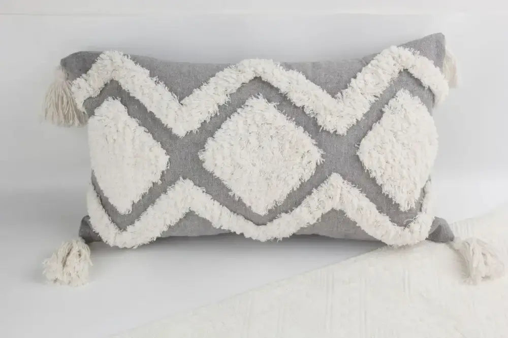 Geometric tufted navy & white cushion cover living room tassel decor