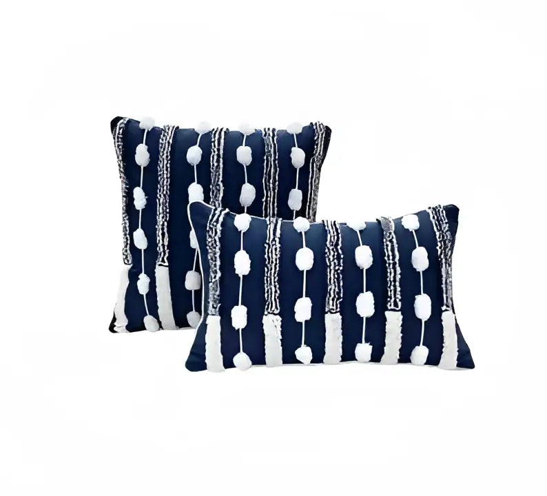 Geometric tufted navy & white cushion cover living room tassel decor