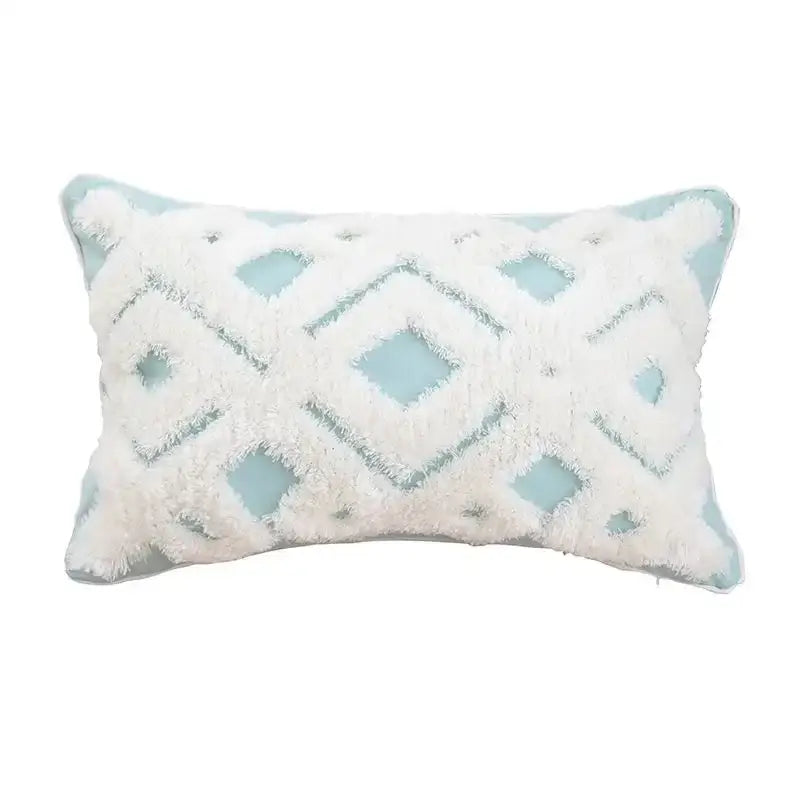 Geometric tufted navy & white cushion cover living room tassel decor