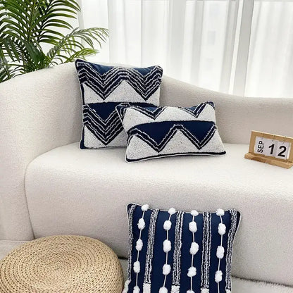 Geometric tufted navy & white cushion cover living room tassel decor