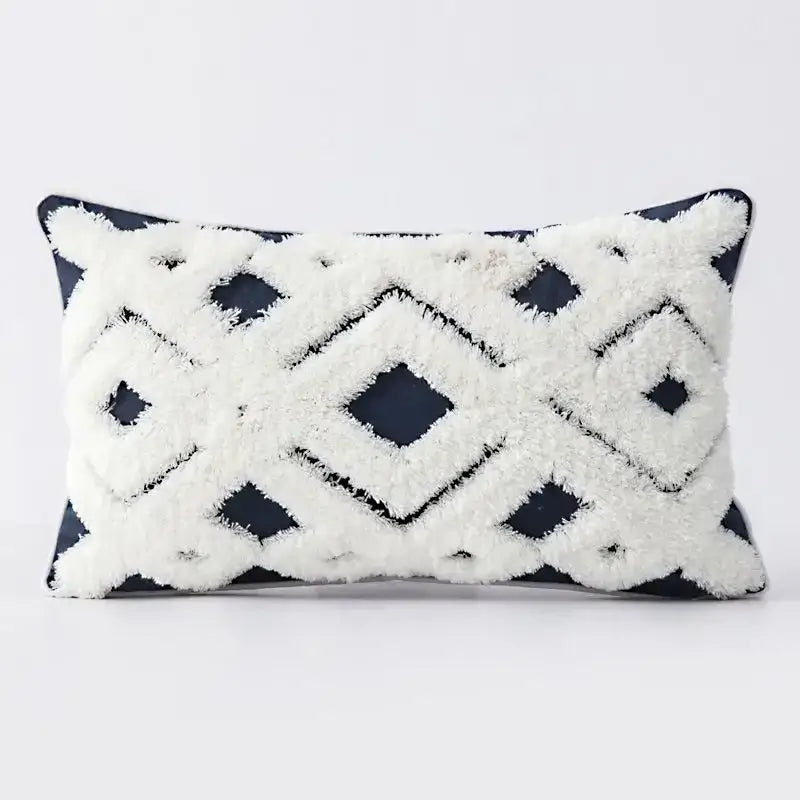 Geometric tufted navy & white cushion cover living room tassel decor