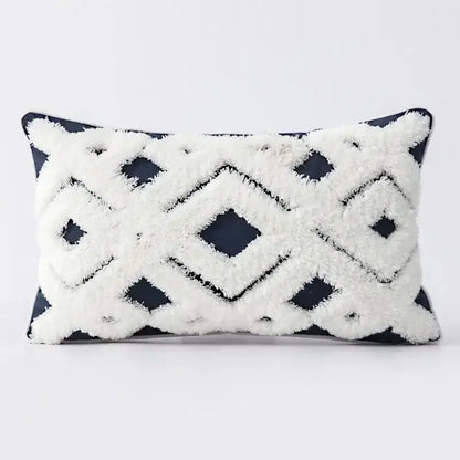 Geometric tufted navy & white cushion cover living room tassel decor