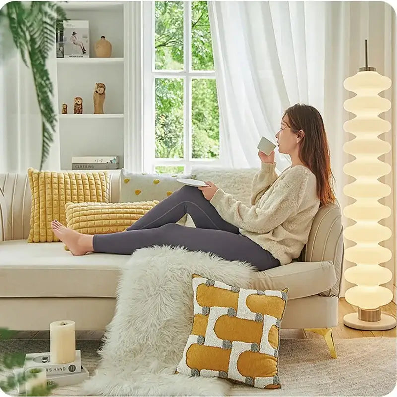 Geometric tufted plush cushion cover mustard & white living room decor