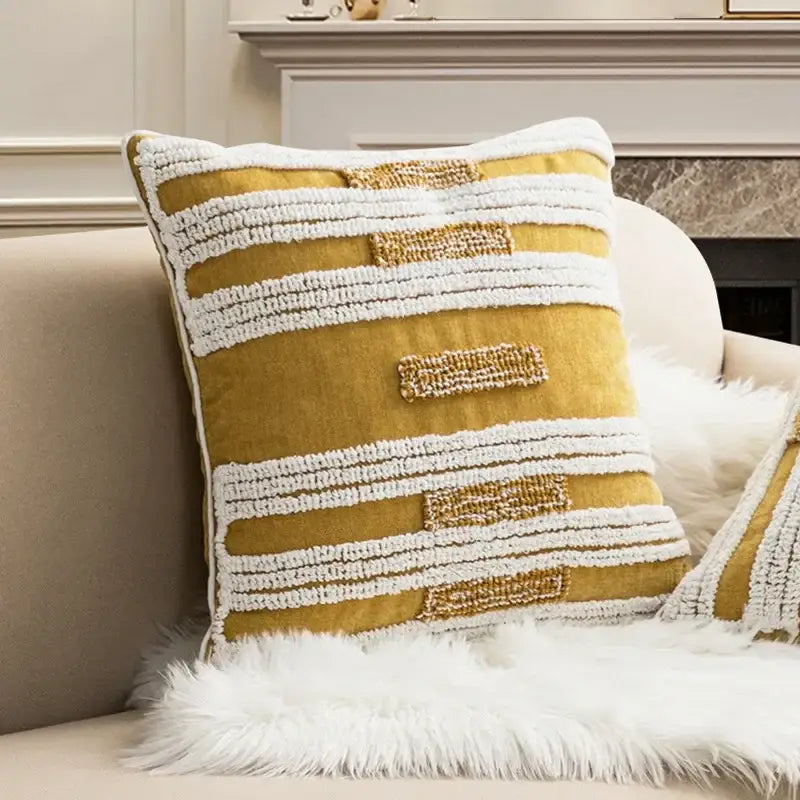 Geometric tufted plush cushion cover mustard & white living room decor