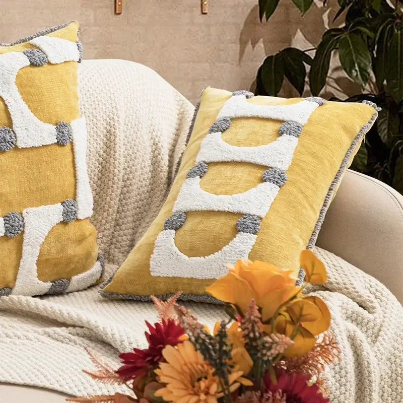 Geometric tufted plush cushion cover mustard & white living room decor