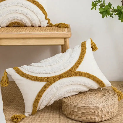 Geometric tufted plush cushion cover mustard & white living room decor