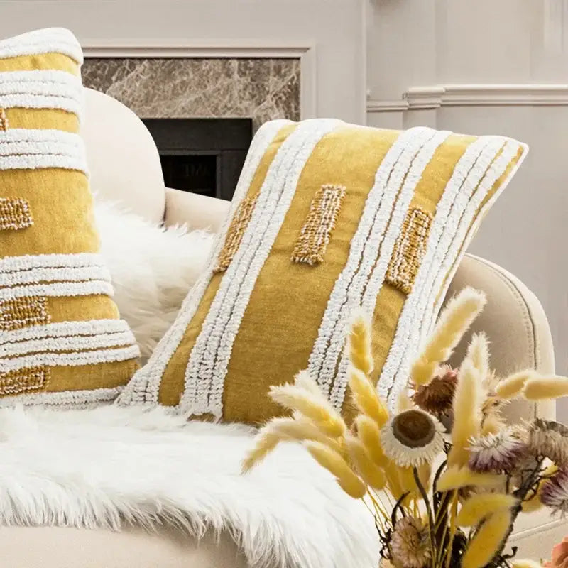 Geometric tufted plush cushion cover mustard & white living room decor