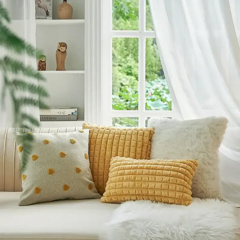 Geometric tufted plush cushion cover mustard & white living room decor