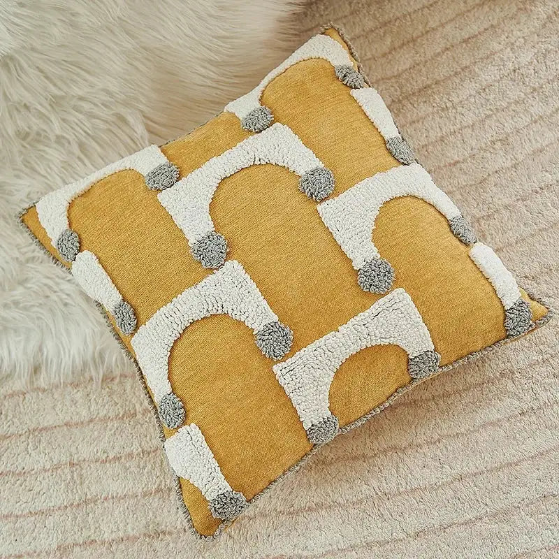 Geometric tufted plush cushion cover mustard & white living room decor
