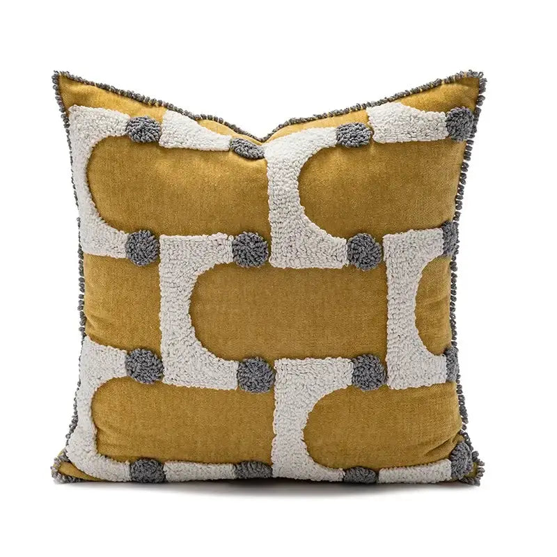 Geometric tufted plush cushion cover mustard & white living room decor
