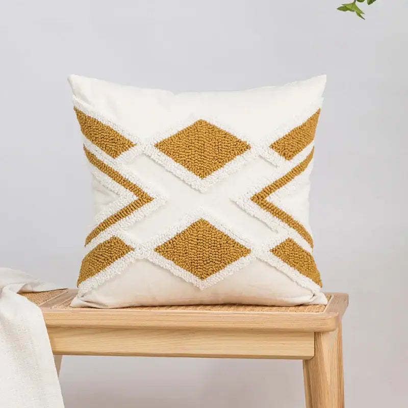 Geometric tufted plush cushion cover mustard & white living room decor