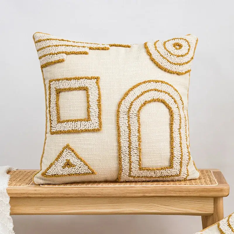 Geometric tufted plush cushion cover mustard & white living room decor