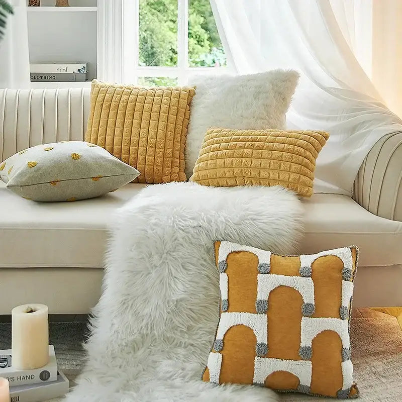 Geometric tufted plush cushion cover mustard & white living room decor