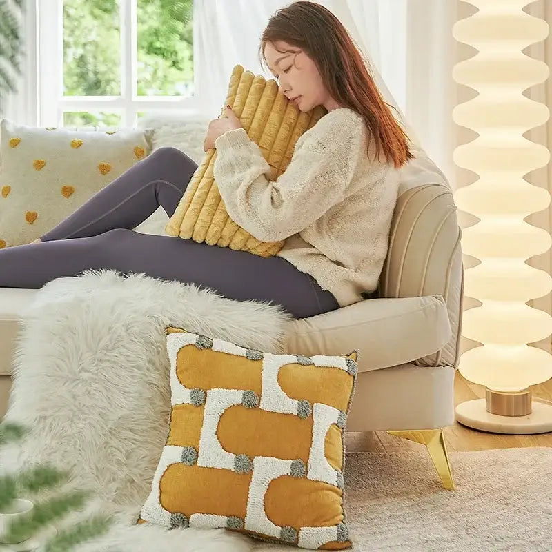Geometric tufted plush cushion cover mustard & white living room decor