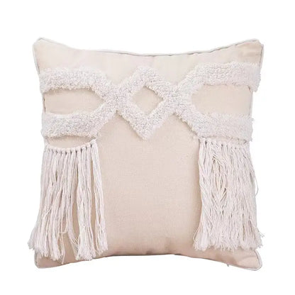 Geometric tufted tassel cushion cover beige & gray living room decor