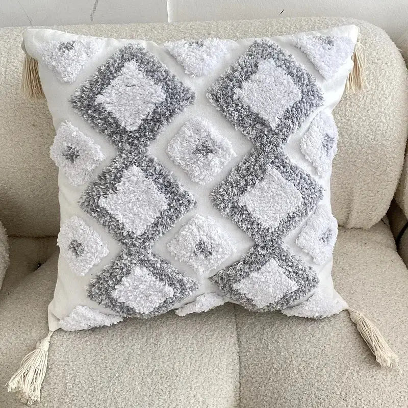 Geometric tufted tassel cushion cover beige & gray living room decor