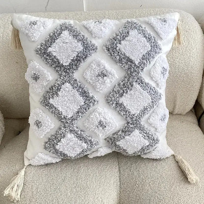 Geometric tufted tassel cushion cover beige & gray living room decor