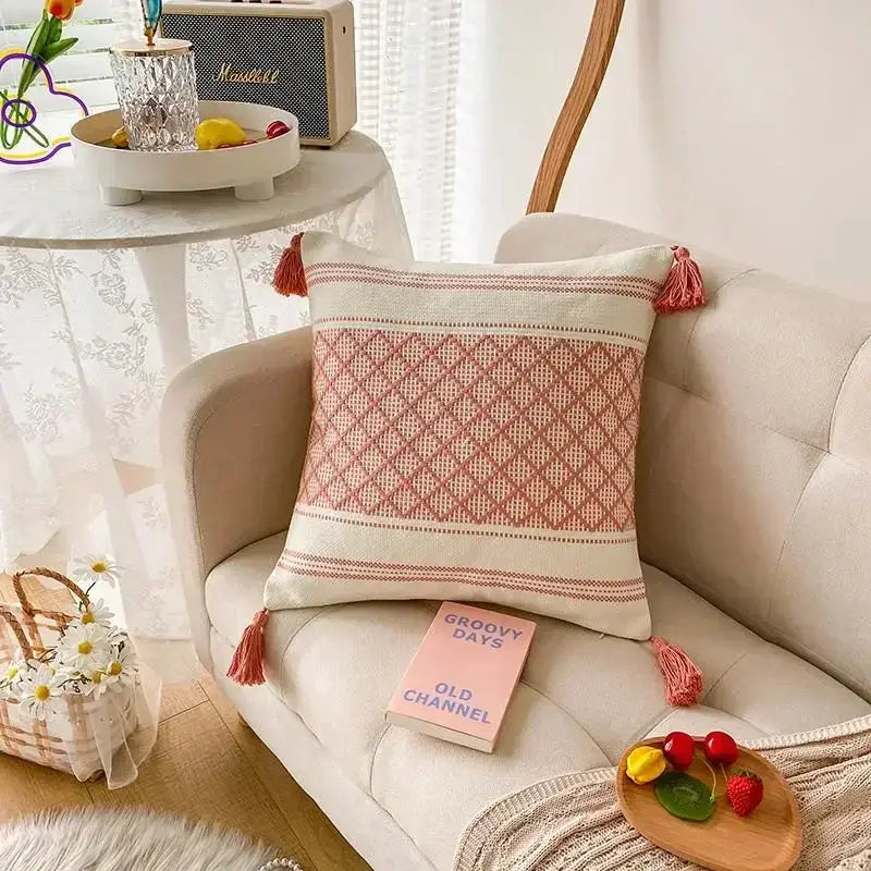 Geometric tufted tassel cushion cover beige & gray living room decor