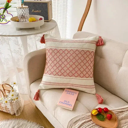 Geometric tufted tassel cushion cover beige & gray living room decor