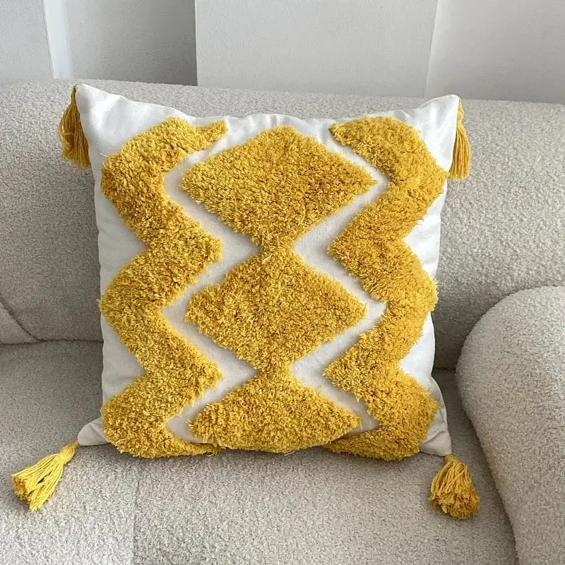 Geometric tufted tassel cushion cover beige & gray living room decor