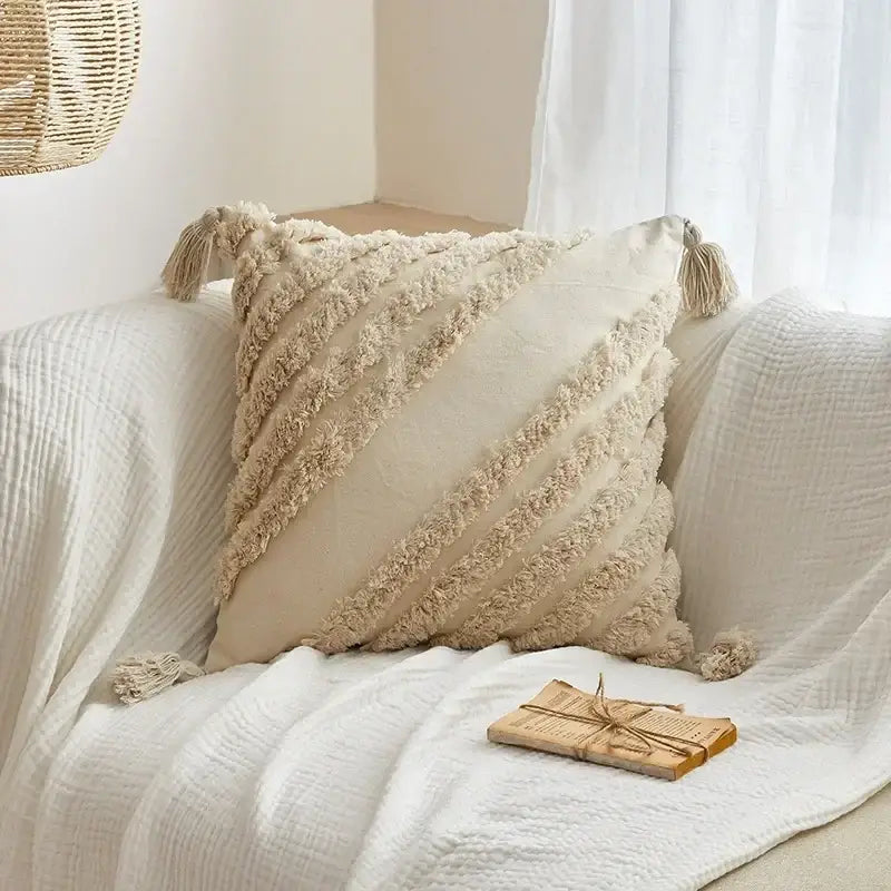 Geometric tufted tassel cushion cover beige & gray living room decor