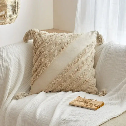 Geometric tufted tassel cushion cover beige & gray living room decor