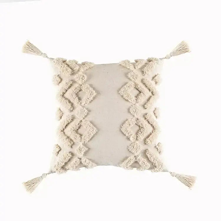 Geometric tufted tassel cushion cover beige & gray living room decor