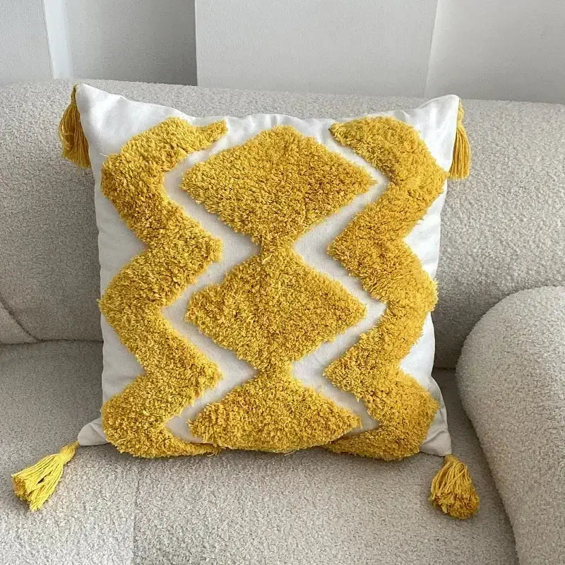Geometric tufted tassel cushion cover beige & gray living room decor
