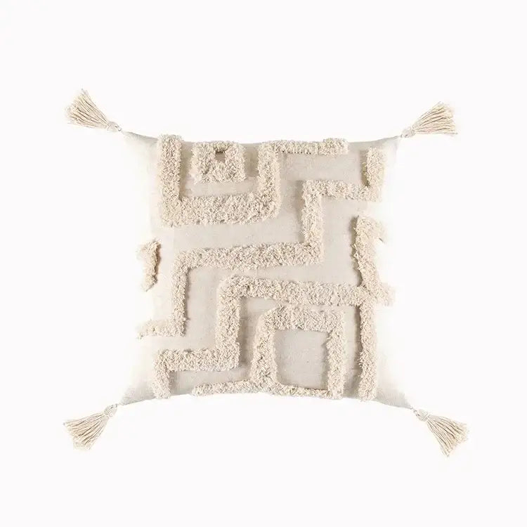 Geometric tufted tassel cushion cover beige & gray living room decor