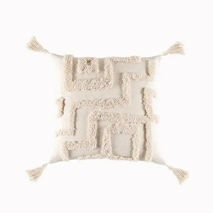 Geometric tufted tassel cushion cover beige & gray living room decor
