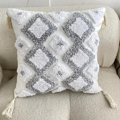 Geometric tufted tassel cushion cover beige & gray living room decor