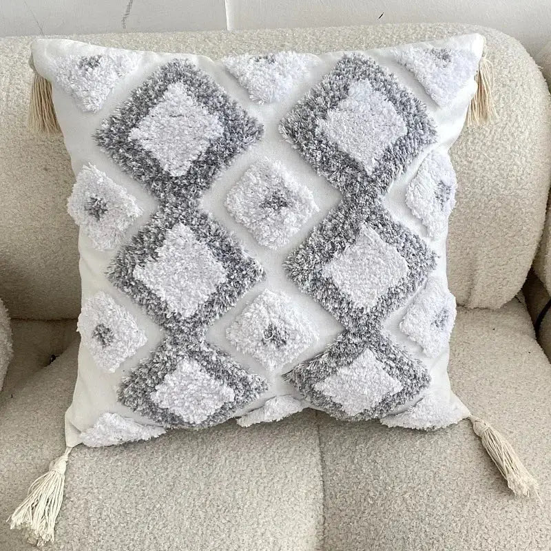 Geometric tufted tassel cushion cover beige & gray living room decor