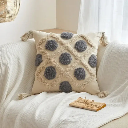 Geometric tufted tassel cushion cover beige & gray living room decor