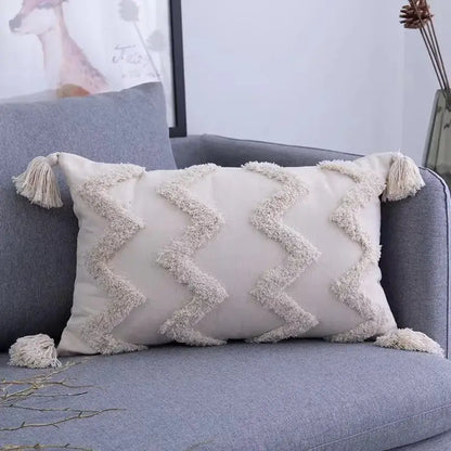 Geometric tufted tassel cushion cover beige & gray living room decor