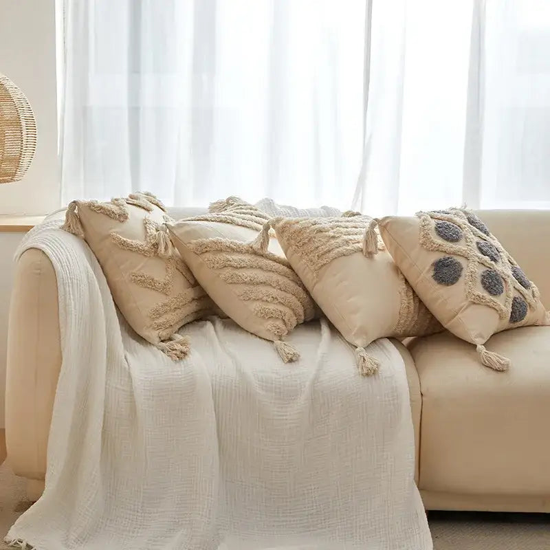 Geometric tufted tassel cushion cover beige & gray living room decor