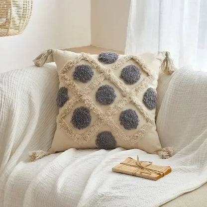 Geometric tufted tassel cushion cover beige & gray living room decor