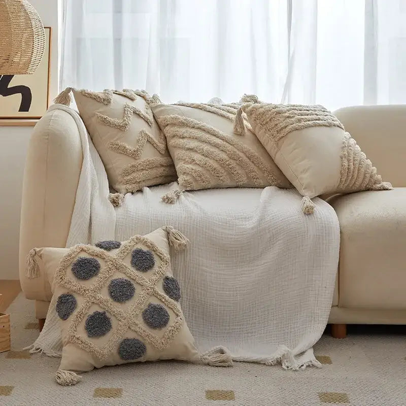 Geometric tufted tassel cushion cover beige & gray living room decor