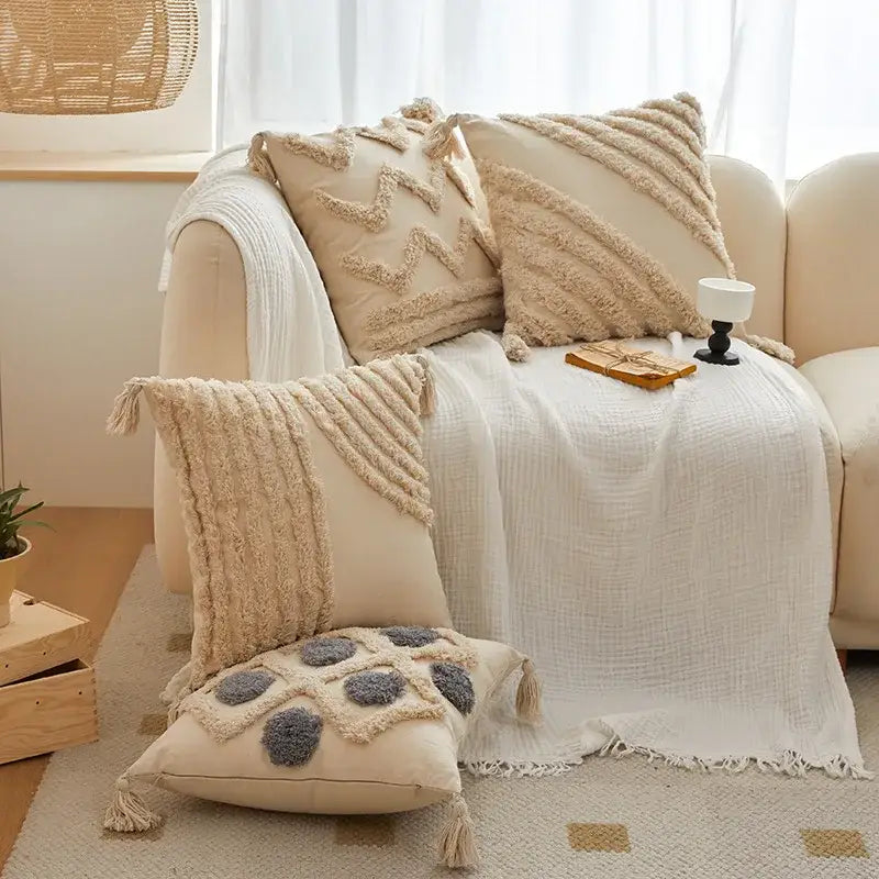Geometric tufted tassel cushion cover beige & gray living room decor