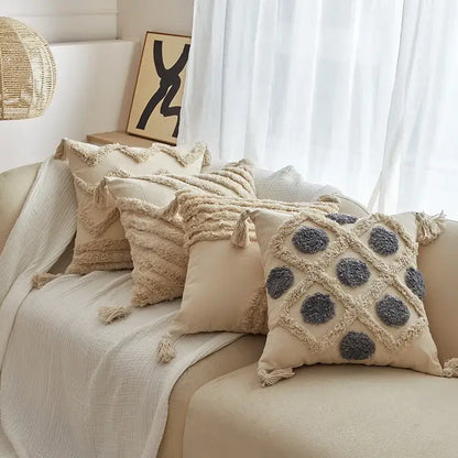 Geometric tufted tassel cushion cover beige & gray living room decor